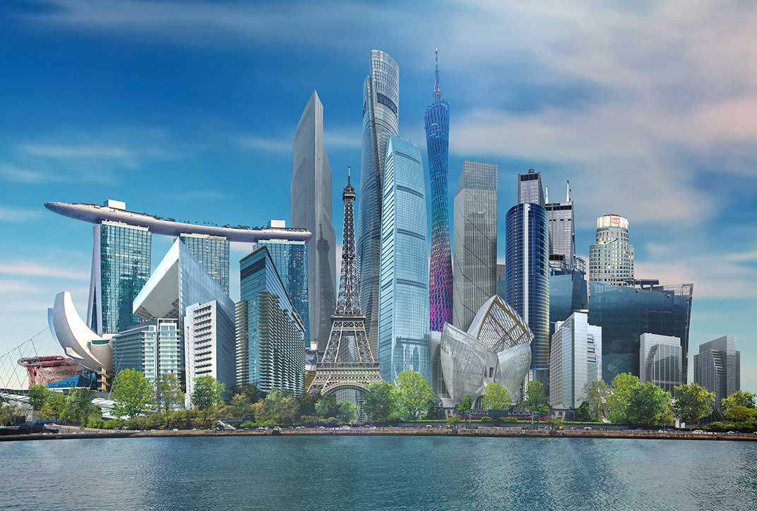 Eine Sammlung verschiedener bekannter Hochhäuser aus aller Welt. Im Vordergrund ist der Eifelturm zu sehen. Eine Sammlung verschiedener bekannter Hochhäuser aus aller Welt. Im Vordergrund ist der Eifelturm zu sehen.