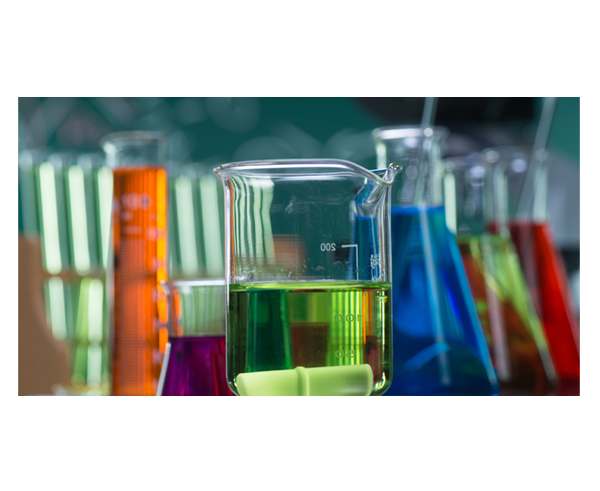 Various laboratory vessels with colored liquids.