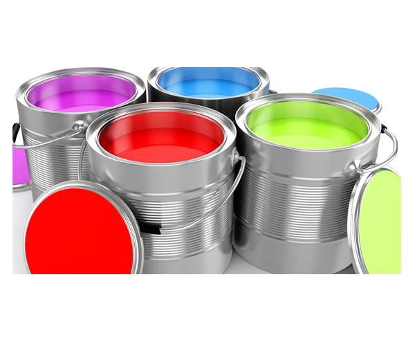 Metal cans containing paints and coatings in different colors.