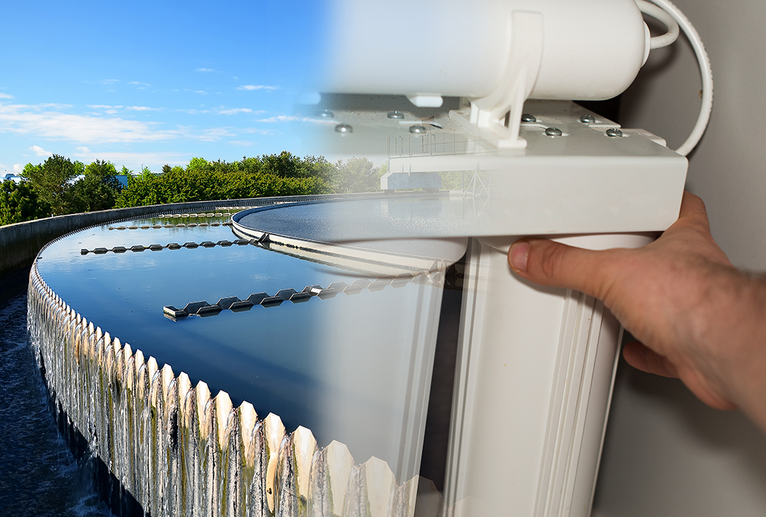 A wastewater treatment plant. Next to it is a hand inserting an activated carbon filter.